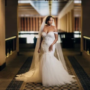 vestido de novia personalizado de sirena con cuentas de encaje brillante y hombros descubiertos para novia, vestidos dovias África, vestido de novia vintage para jardín