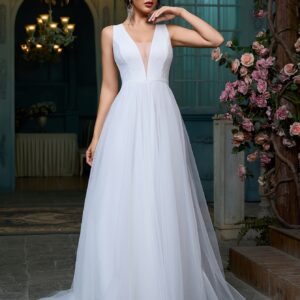 Vestido de Novia Elegante sin Mangas con Encaje en Escote V - Vestido Formal A-Line Mermaid y Trenza para Despedidas, Recepciones, Proms y Fiestas, Tela de Alta Calidad, Artesanía Sofisticada, Ropa de Noche para Bodas