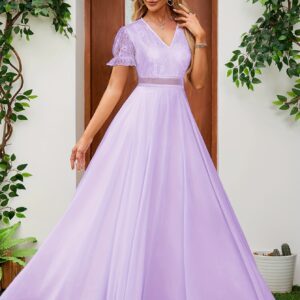 Vestido de novia elegante de lavanda con cuello en V, mangas cortas y detalles de volantes - Traje de novia de longitud de suelo con silueta de línea A, contraste de encaje, tejido de poliéster, perfecto para bodas y eventos formales.