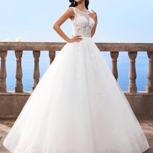 Elegante vestido de novia largo sin mangas con encaje blanco y malla decorada | Silueta ajustada y acampanada, ideal para bodas, fiestas y vacaciones