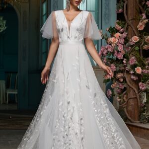 Vestido de Novia Elegante para Mujer con Volantes, Manga A-Line, Cuello en V y Bordado de Lentejuelas - Vestido Largo Formal para Compromiso, Despedida de Soltera, Despedida de Soltera, Reunión de Pruebas, Regreso a Casa, Fiesta de Graduación, Vestidos de Novia para la Novia, Ropa para Eventos, Artesanía Sofisticada, Vestido de Novia para Mujer, Vestido de Invitada de Boda para Mujer, Vestido Elegante de Noche para Boda, Vestido Elegante para Ocasiones para Boda, Vestido de Novia para la Novia