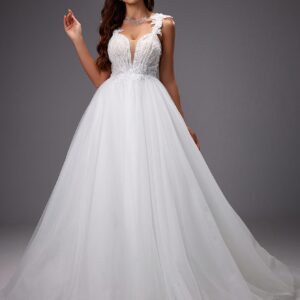 Vestido de Novia Elegante con Escote en V, Espalda de Encaje Floral y Tirantes Cruzados - Solo Lavado a Mano, Ajuste Sin Elástico, Silueta Sirena para Mujer, Ideal para Todas las Estaciones