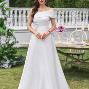 Vestido de novia elegante sin hombros con cuentas, poliéster 100% ajustado de un solo color con detalle de cremallera, colección primavera/verano para mujeres adultas